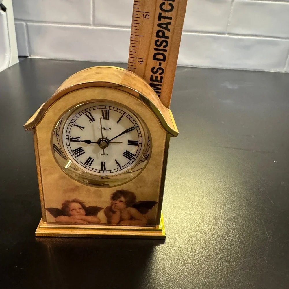Linden Alarm Clock Desk Gold Raphael Angels Cherubs‎ Roman Numeral Quartz B-11